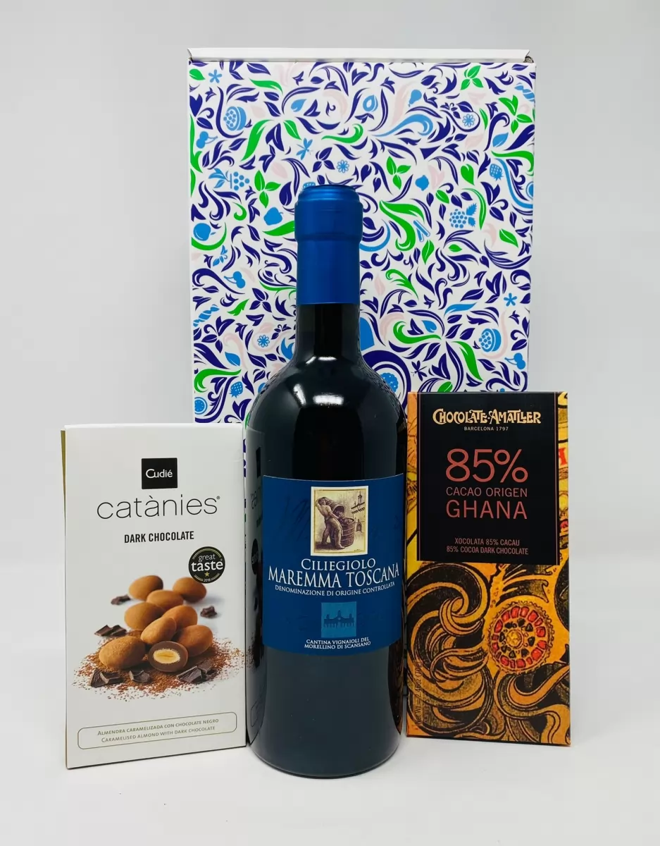 Pachet cadou cu vin rosu Maremma Toscana, migdale Catanies si ciocolata Amatller