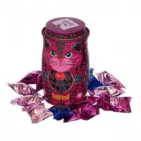 Cutie metalica in forma de pisica roz cu trufe de ciocolata Monty 135g