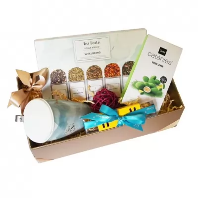 Pachet cadou cu ceai, cana pentru ceai Tea Forte si migdale glazurate Catanies Color Explosion Gift