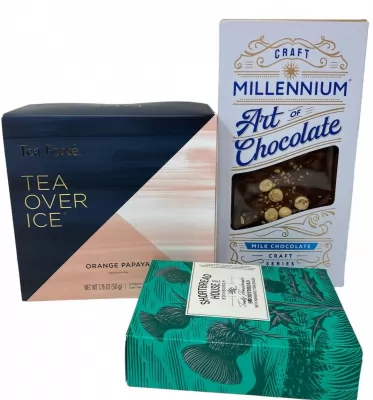 Set Cadou cu 5 piramide de ceai rece Iced Tea Orange Papaya, ciocolata neagra si o cutie de biscuiti artizanali cu ghimbir