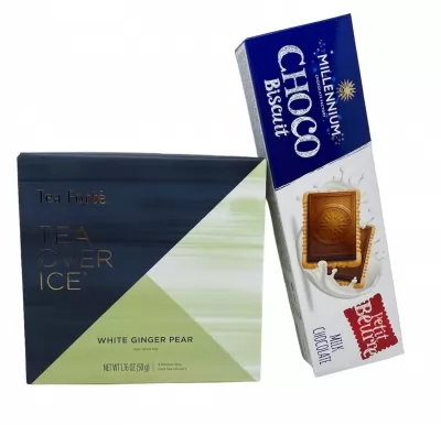 Set Cadou cu 5 piramide de ceai rece Iced Tea Ginger Pear si o cutie de  biscuiti Millennium inveliti in ciocolata